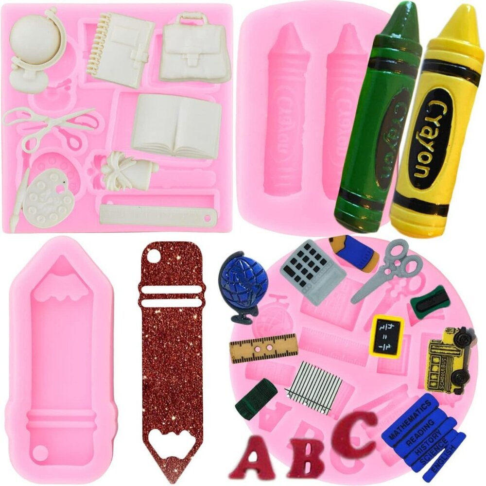 Back to School Silicone Molds Fondant Candy School Bus Book Scissor Drawing Pen - Picture 1 of 9